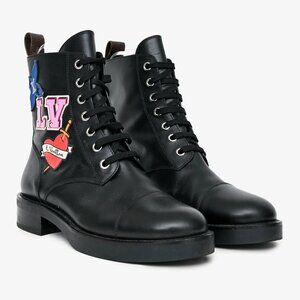 Authentic Louis Vuitton Black Leather Combat Boots with Patches EU 37/6.5 US